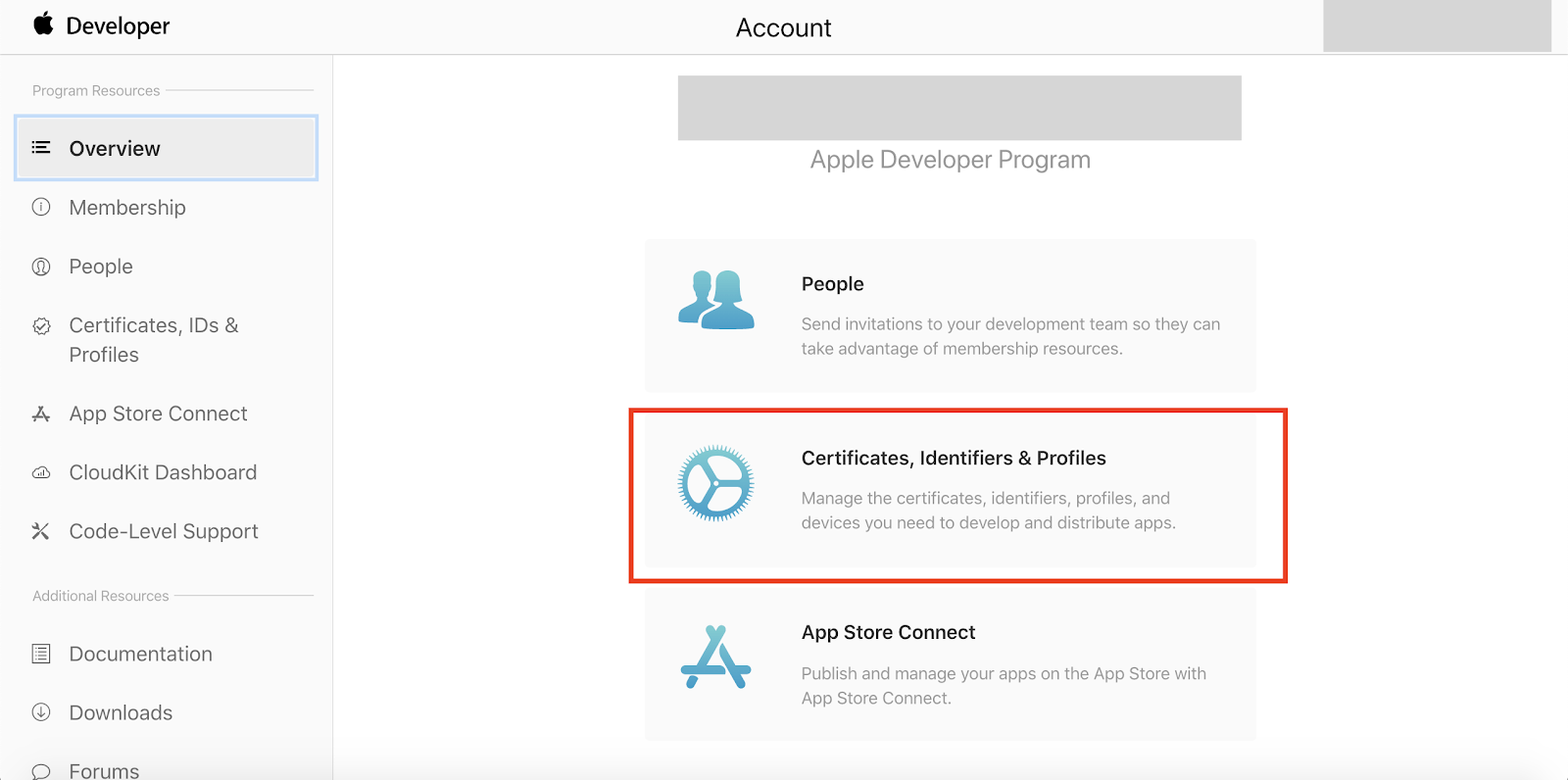 Overview of Apple developer account main page