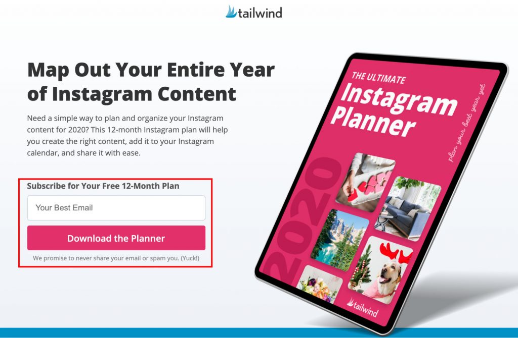 The picture shows an example of an Instagram page for generating leads TailwindApp 
