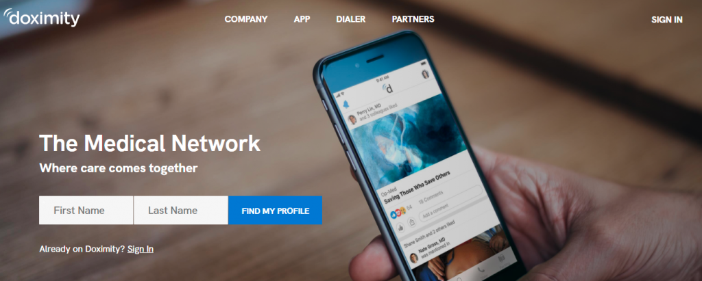 This is a screenshot of the Doximity service that we used to show an example of a healthcare app that is worth looking at when developing your own medical startup.