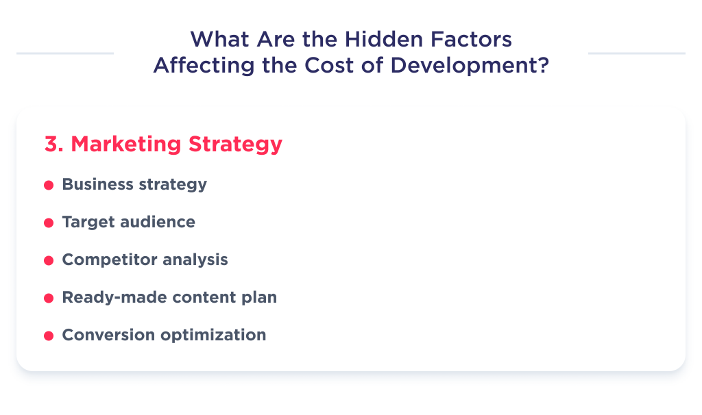 This picture shows the list of elements that make up the third factor of hidden costs that affect the budget for developing a website for a small business.