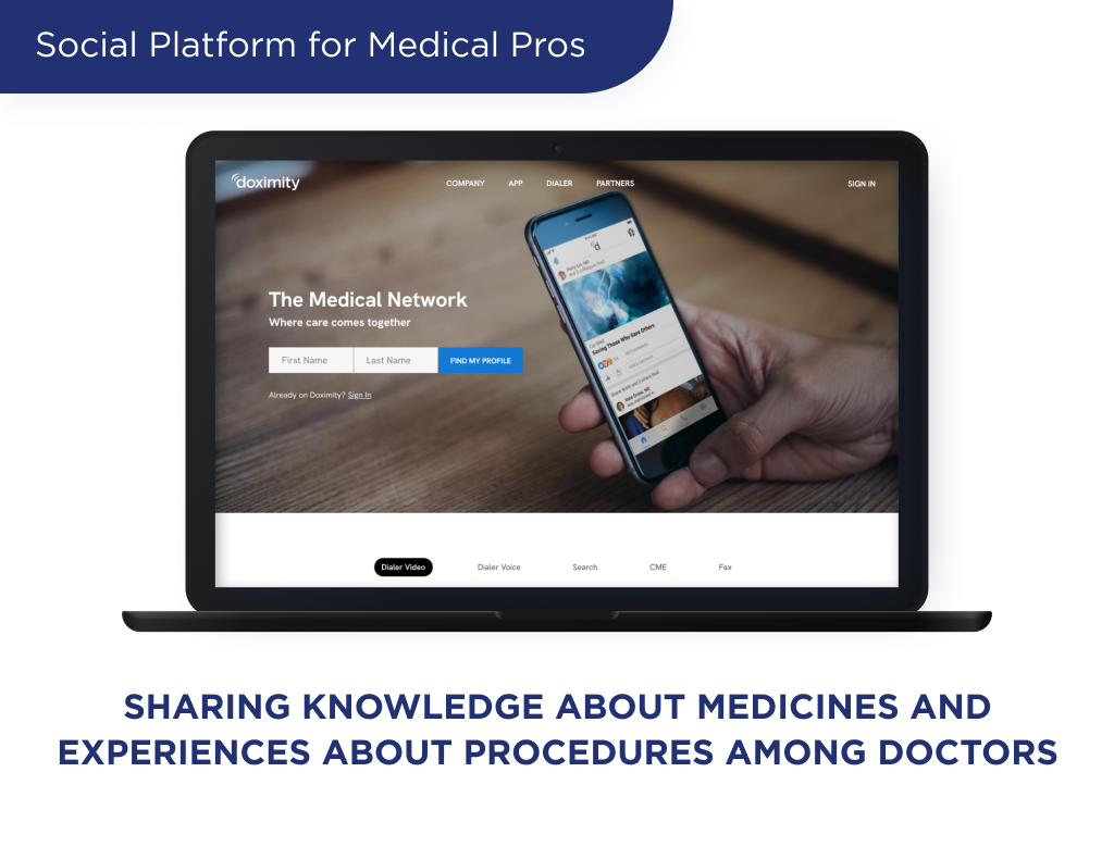 The illustration shows social platform for medical pros