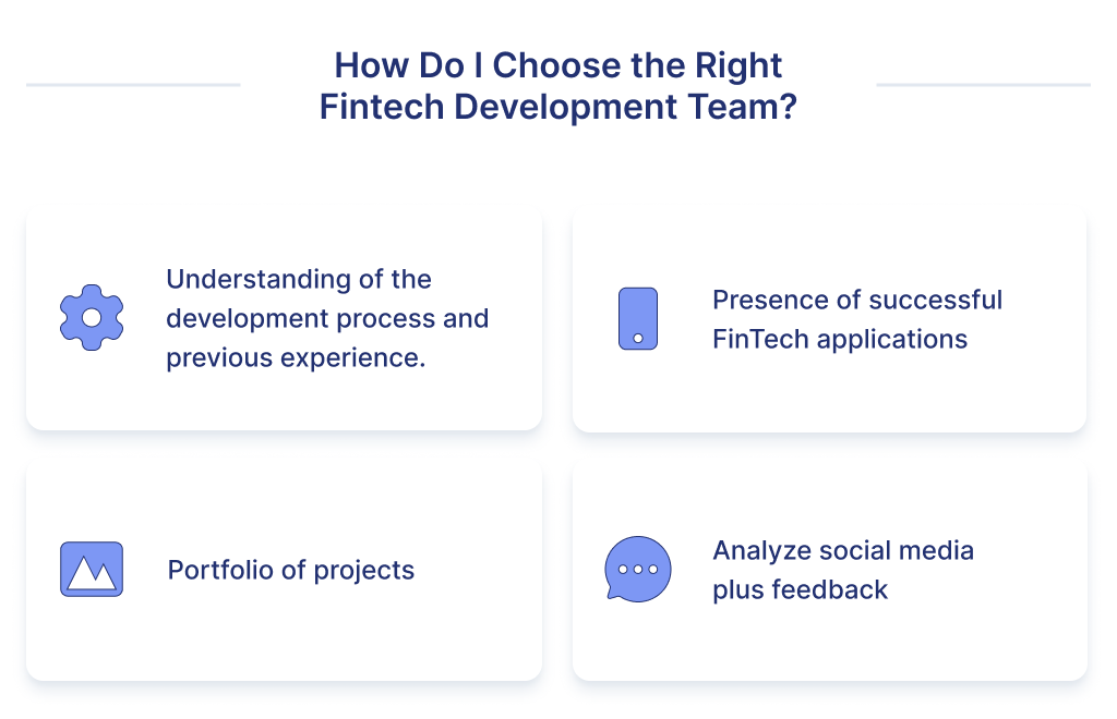 The illustration shows tips on how best to choose the right development team for fintech app building