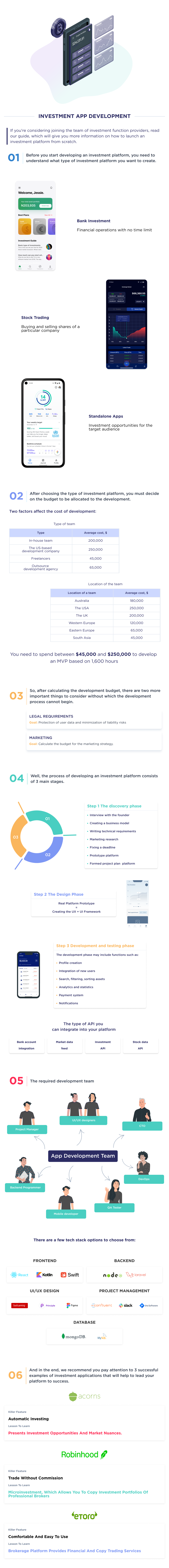 This infographic describes the step-by-step process for developing an investment platform, detailing the factors that will affect the development process.