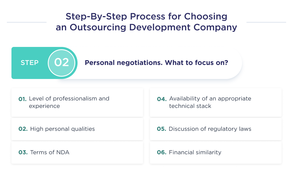 This figure shows the key points to focus on when moving on to the second step in choosing an outsourced development company
