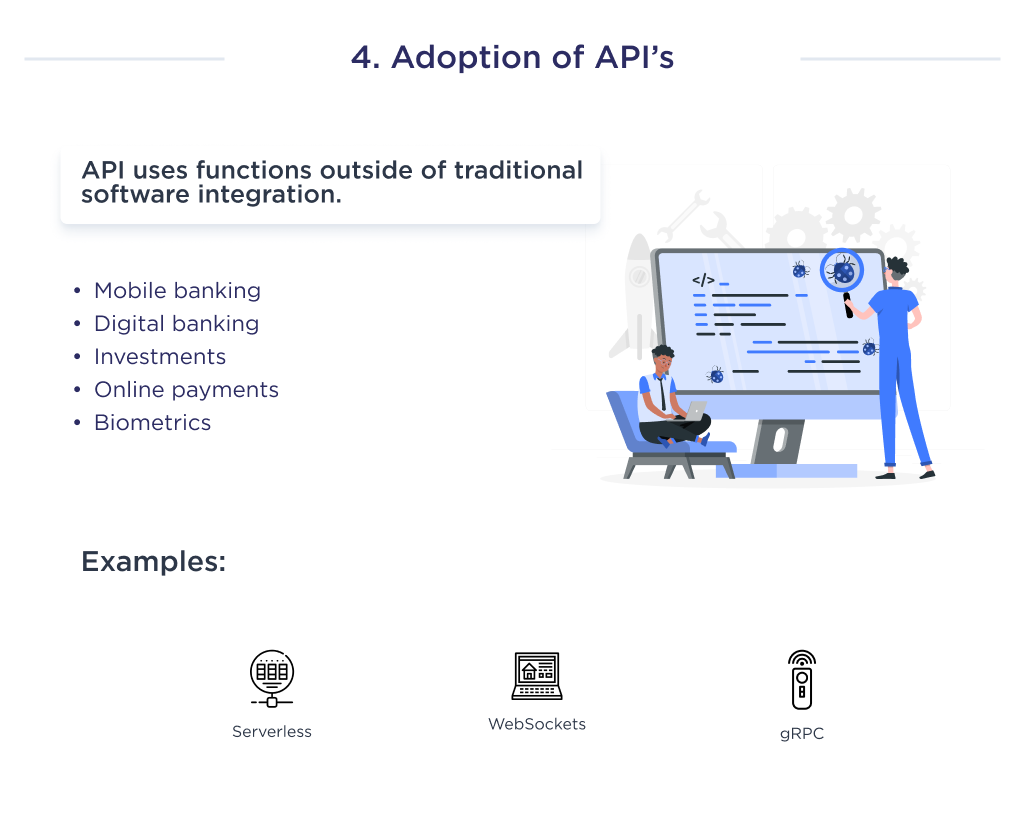Illustration shows the fourth fintech trend, which demonstrates the specifics of API implementation