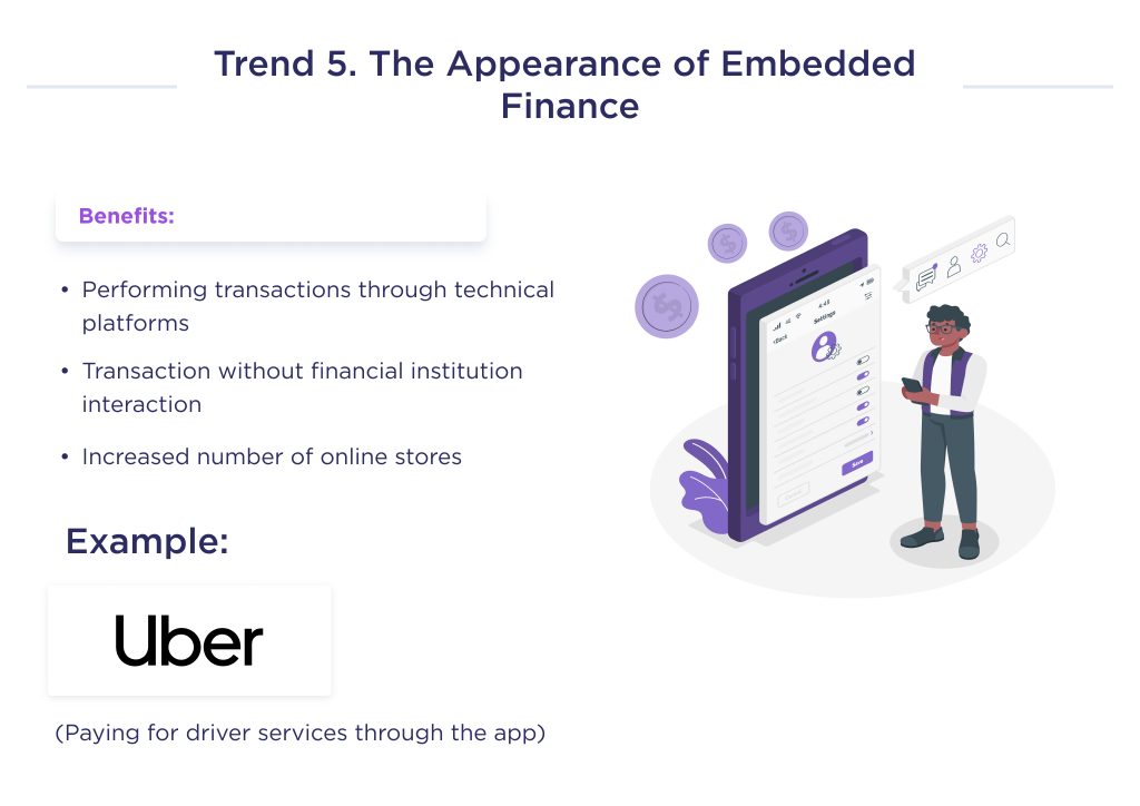 depicts the benefits and example of the fifth fintech trend, namely the appearance of embedded finance