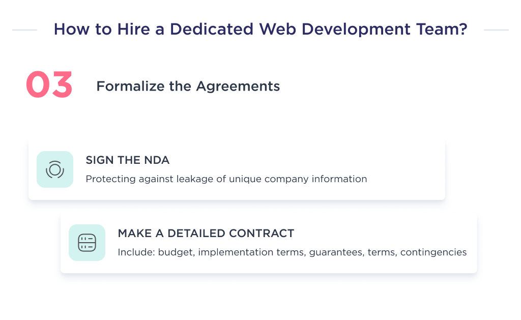 The illustration shows the last steps to take before hiring a dedicated web development team