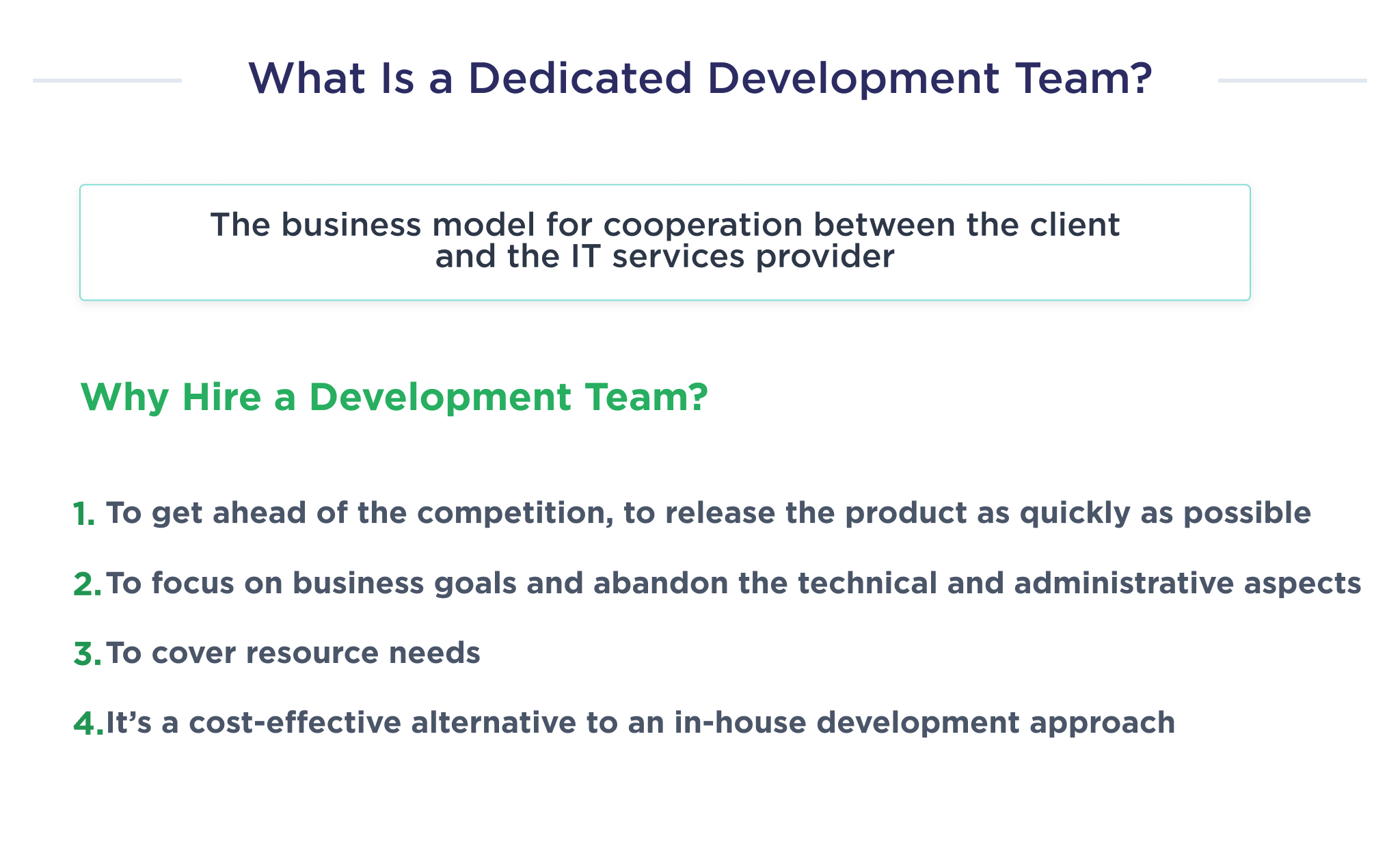 The illustration shows an explanation of what a dedicated development team is