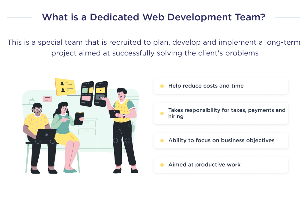 The illustration describes a summary of what a dedicated web development team is. 