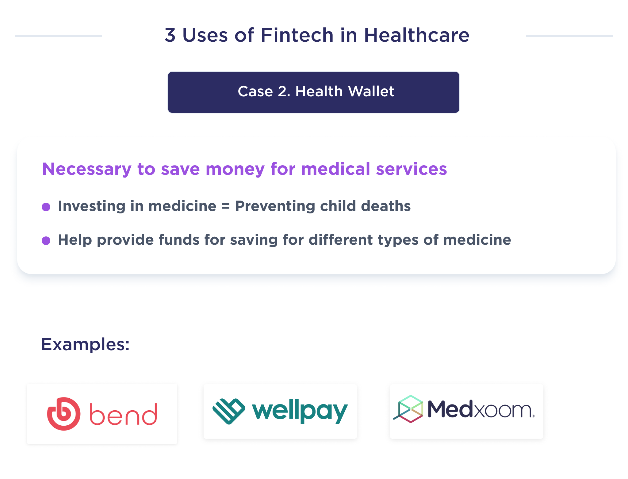 The illustration shows the second of FinTech's uses in health care, which describes the health wallet