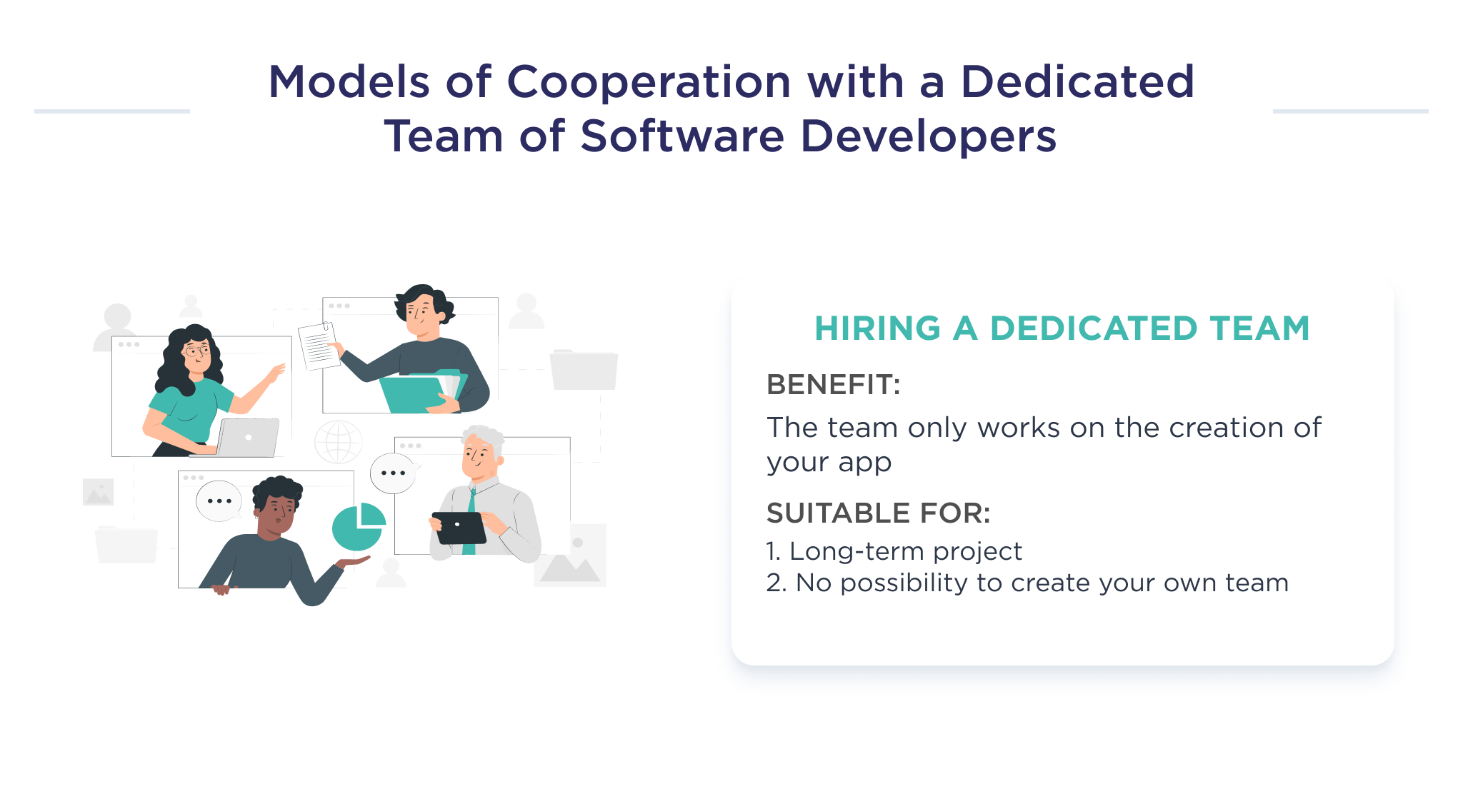 This picture describes one of the models of cooperation with a dedicated team of software developers namely, hiring dedicated software development team