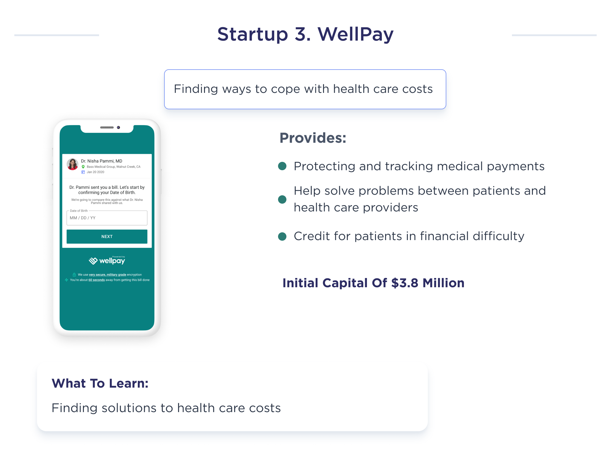 The illustration describes the main core components of WellPay, a startup that helps find solutions to deal with health care costs