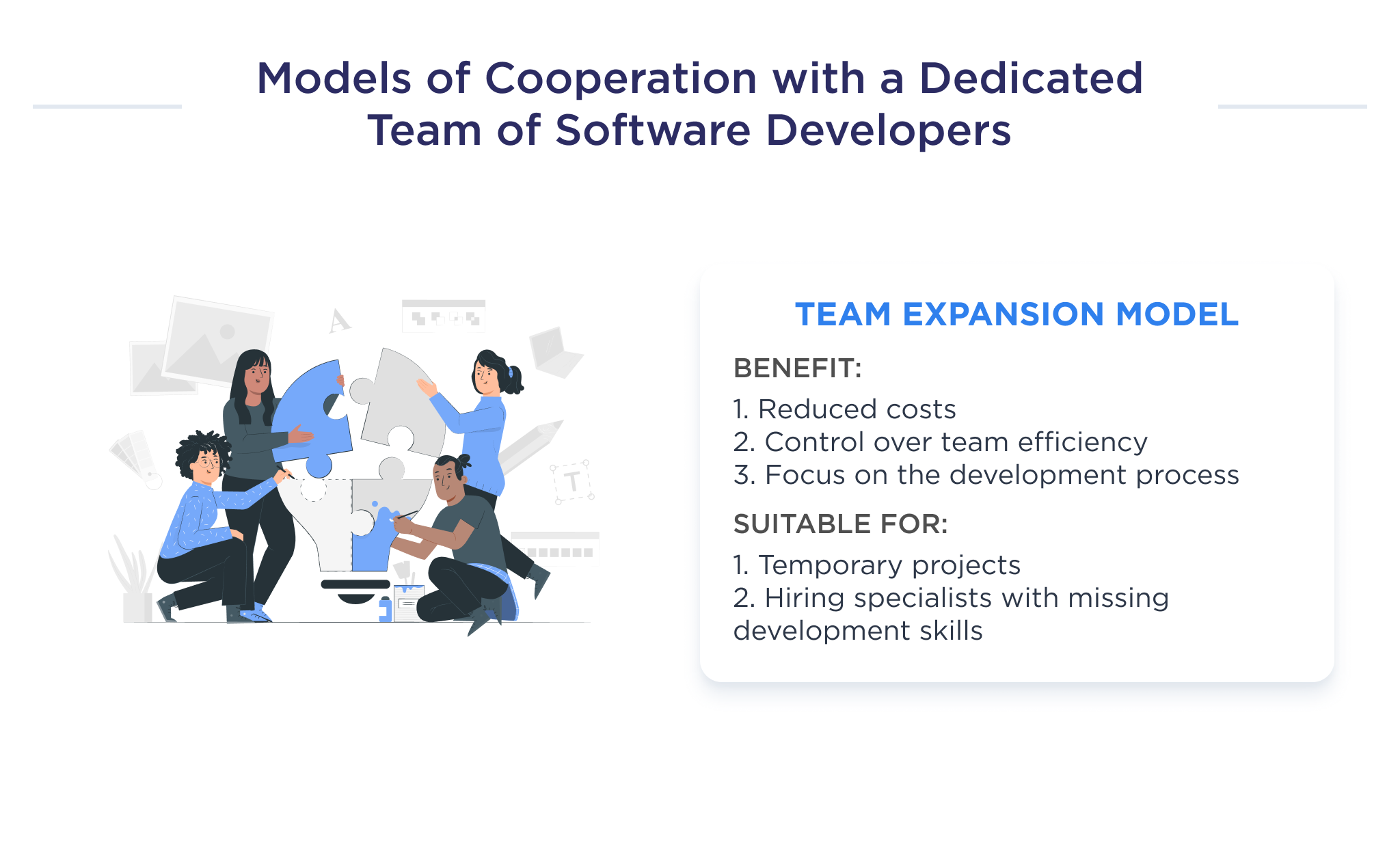 The second of the models of cooperation with a dedicated software development team, namely, hiring resources to expand the team or IT outstaffing