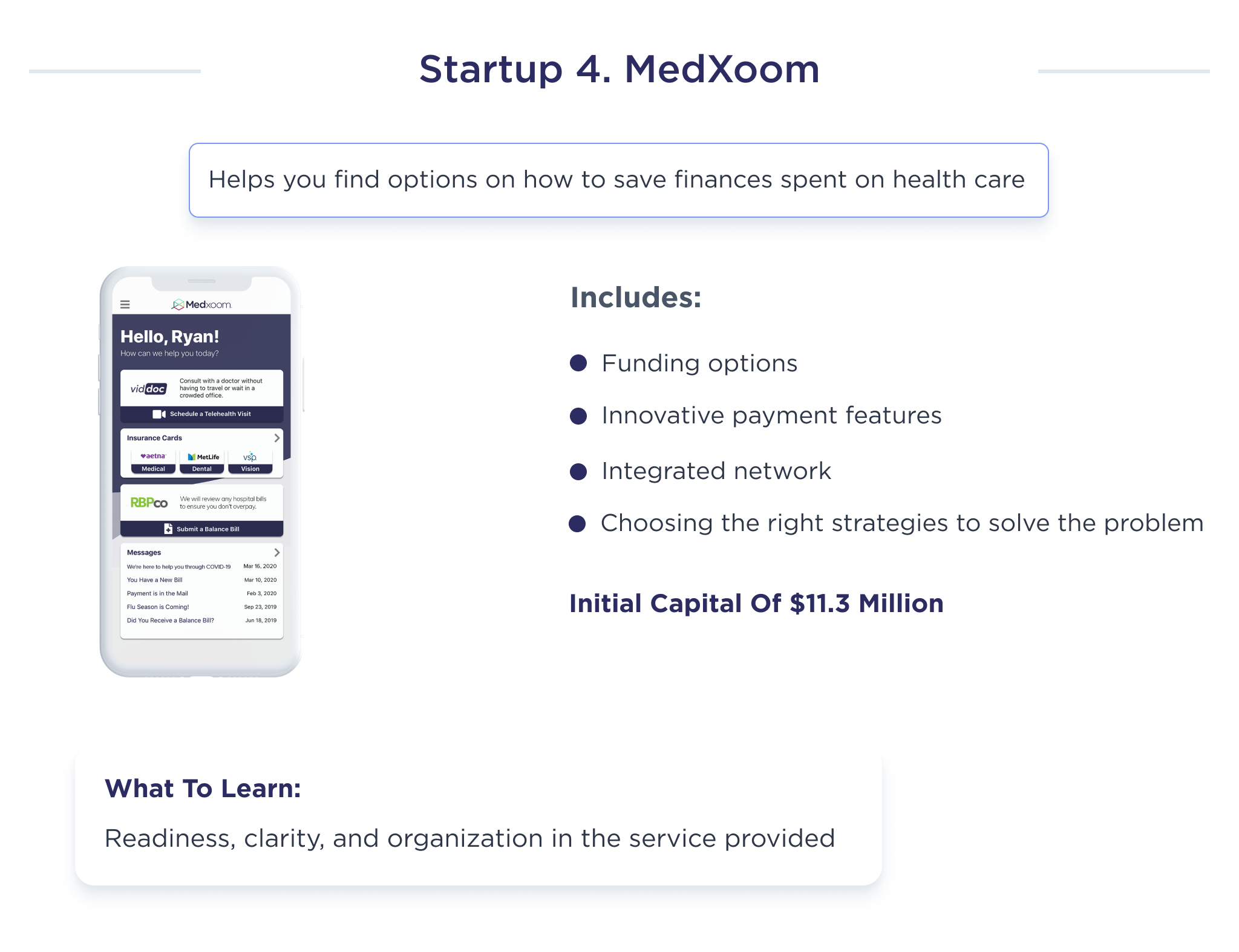 This picture describes the constituent elements that detail the benefits of fintech startup MedXoom