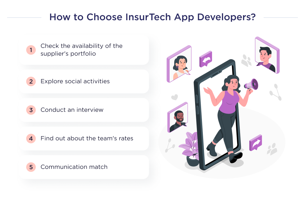 This illustration shows basic tips to help choose InsurTech app developers