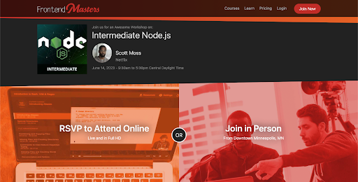 This screenshot shows the landing page of Node.js fest