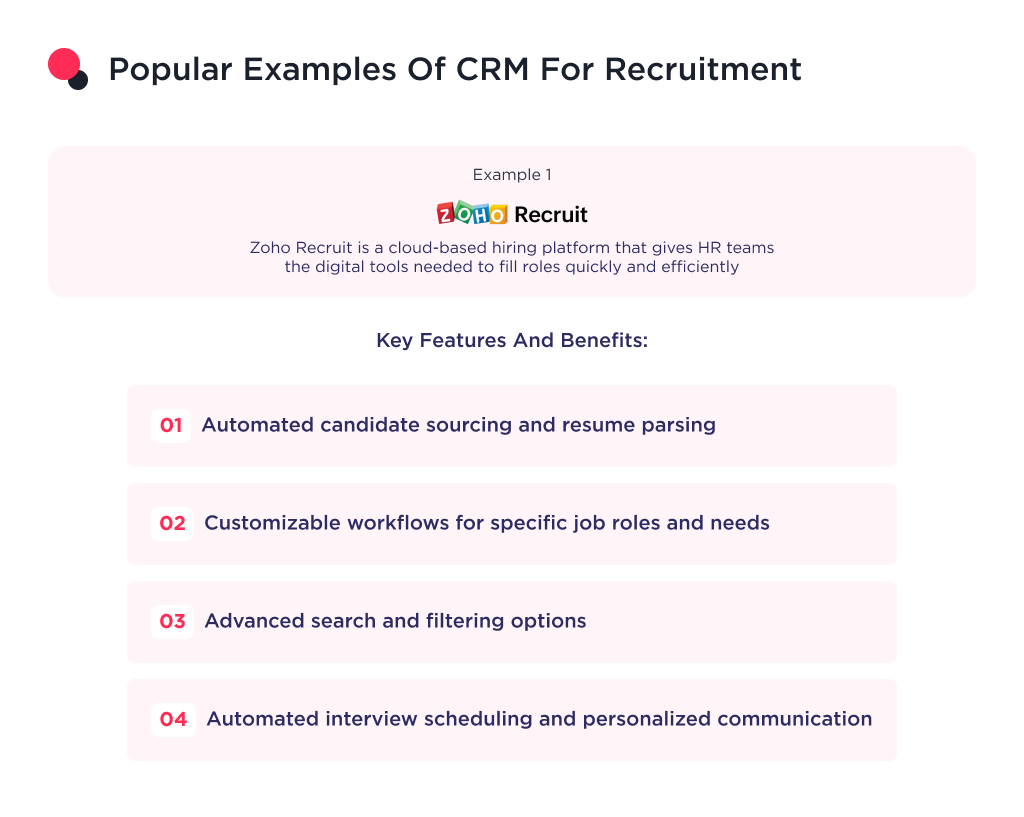 the image shows main info about zoho crm for recruiting