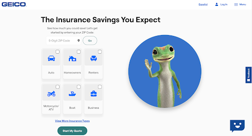 the image shows a screenshot of a geico website's homepage