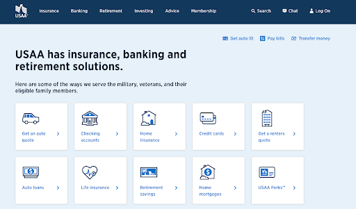 the image shows a screenshot of a USAA website's homepage