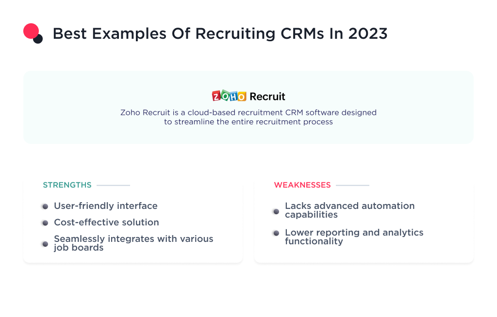 the image shows the examples of recruiting crm such as ZohoRecruit