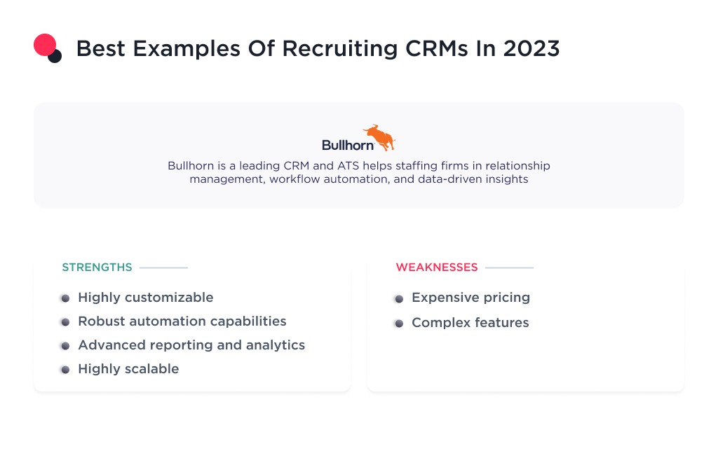the image shows the examples of recruiting crm such as Bullhorn